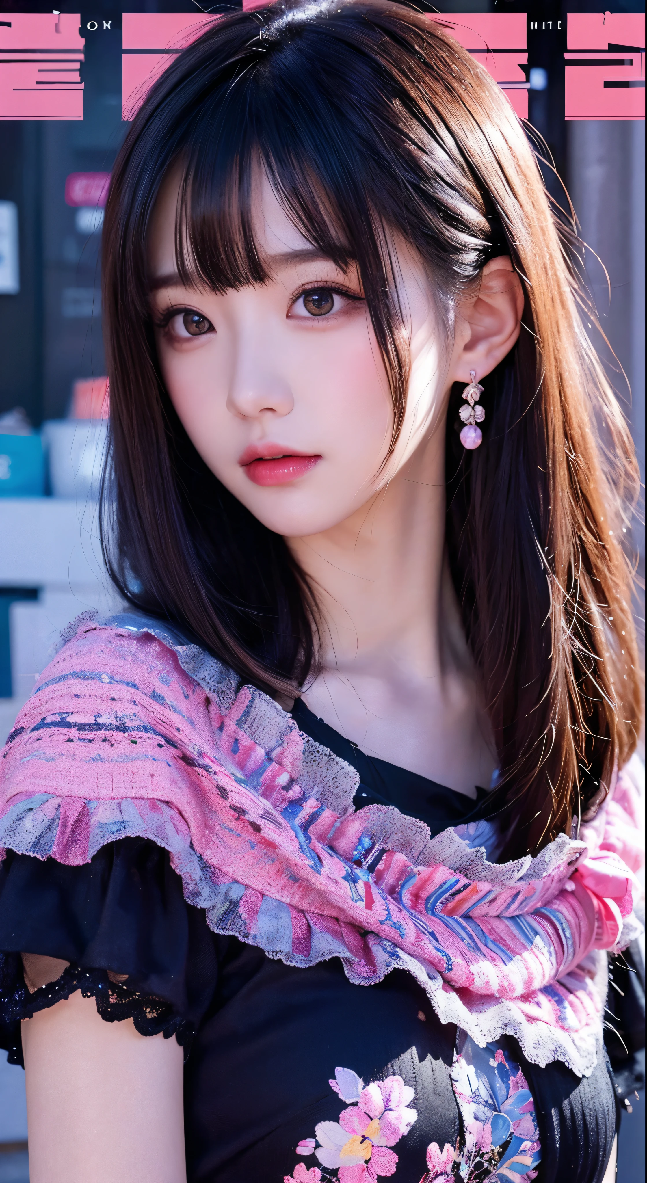 (Magazine Cover:1.3)、ulzzang - 6500、(Realistic:1.3)(original:1.2)、masterpiece、Highest quality、Beautiful pretty face、whole body、1girl、Glitch Art、(Digital Distortion)、Pixelated Fragments、Facial details、Colorful Noise、Visual Light Effects　　Contemporary aesthetics，