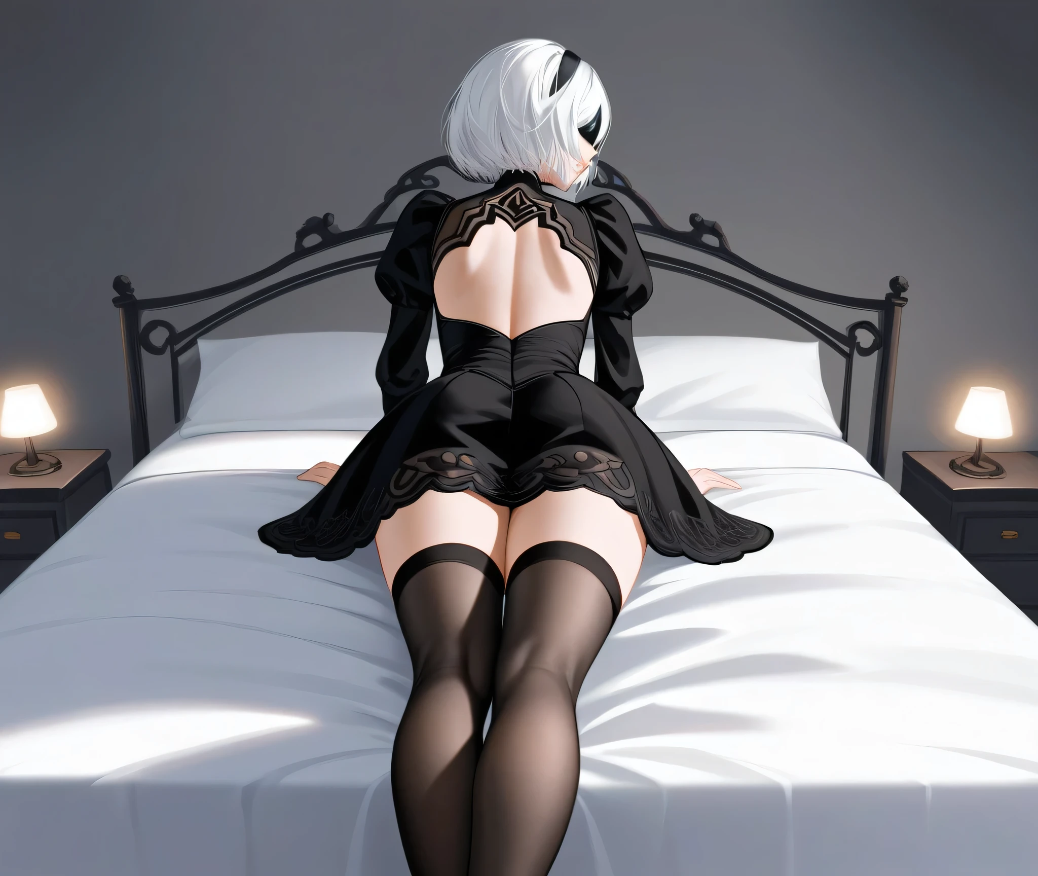 [n_2b], [nier automata], ((masterpiece)), ((HD)), ((high res)), ((solo portrait)), ((back view)), ((low angle view)), ((feet visible)), ((detailed shading)), ((intricate details)), {(beautiful woman), (slim figure), (short white hair), (small breasts), (curvy hips), (beautiful legs), (beautiful feet), (lush lips), (blank expression)}, {(black dress), (puffy sleeves), (black blindfold), (black hairband), (opaque black thighhighs), {(laying on bed), (looking over shoulder)}, [ambient lighting, ruined city, bedroom, grey sky]