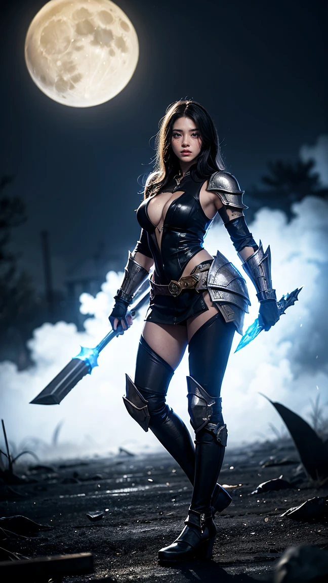 "Create an image of Senna in her Classic skin from League of Legends by Riot Games, no having clothes,wearing her sleek, black and white armor with her large, spectral cannon, have massive k-cups, standing in a shadowy, haunted battlefield with ghostly apparitions and a full moon."
