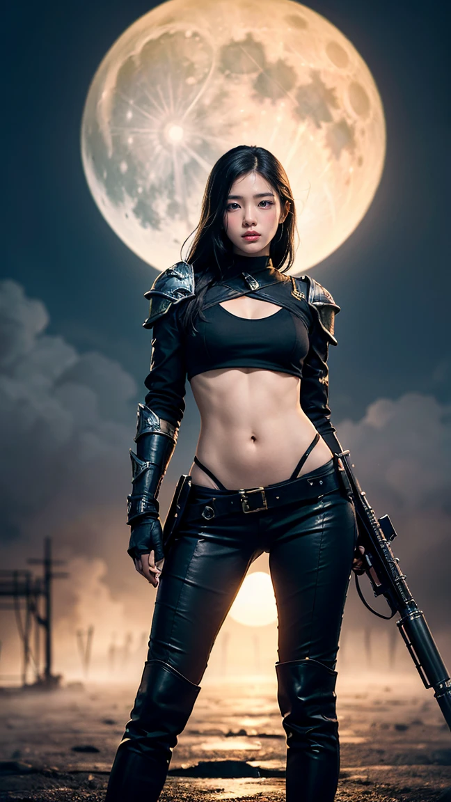 "Create an image of Senna in her Classic skin from League of Legends by Riot Games, no having clothes,wearing her sleek, black and white armor with her large, spectral cannon, have massive k-cups, standing in a shadowy, haunted battlefield with ghostly apparitions and a full moon."