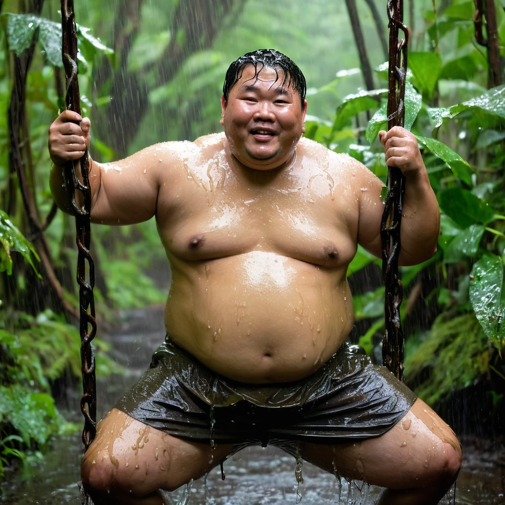 Tarzan Man, Fat, Chubby, Asian Face, 50 year old, Shirtless, Wet, Dirty, Stained, Raining, swinging on vines, in the forest.