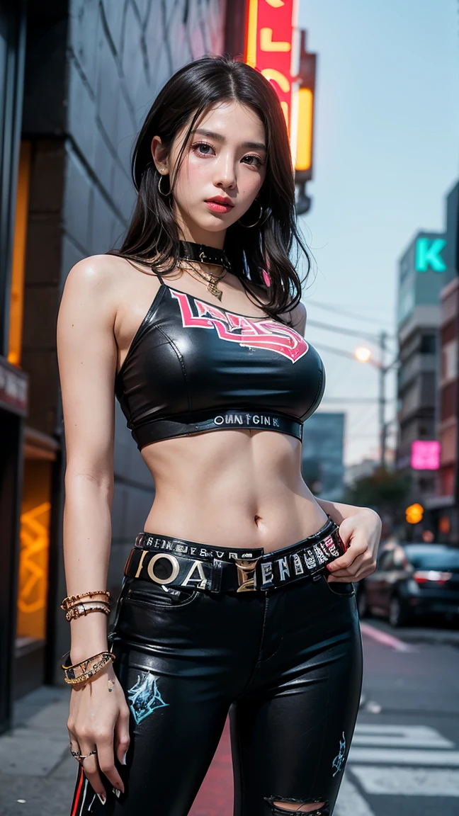 "Illustrate Senna in her True Damage skin from League of Legends by Riot Games, adorned in modern, urban streetwear with flashy accessories and her futuristic weaponry, have massive k-cups, in a vibrant, cityscape with graffiti-covered walls and neon signs."
