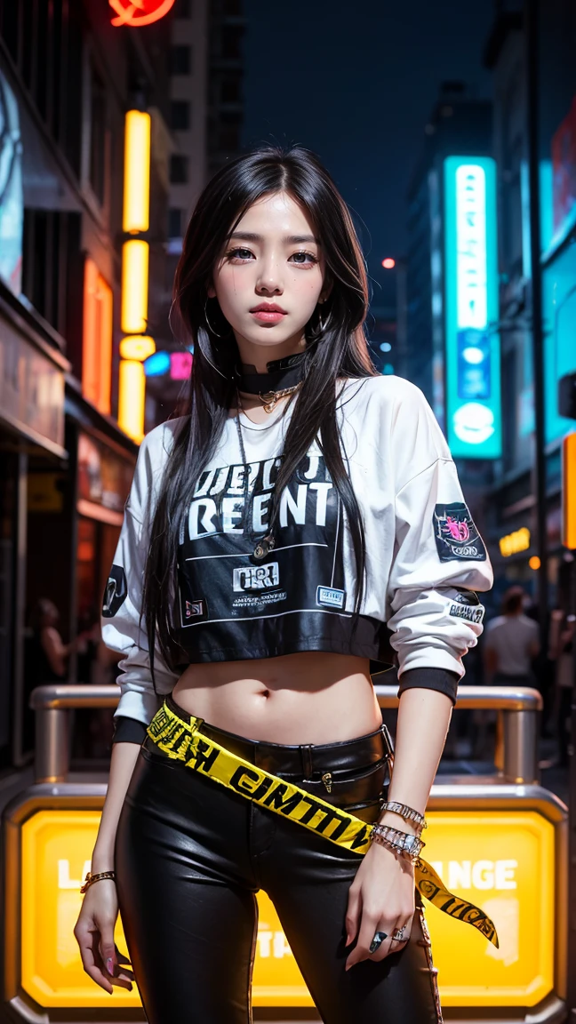 "Illustrate Senna in her True Damage skin from League of Legends by Riot Games, adorned in modern, no having clothes,urban streetwear with flashy accessories and her futuristic weaponry, have massive k-cups, in a vibrant, cityscape with graffiti-covered walls and neon signs."