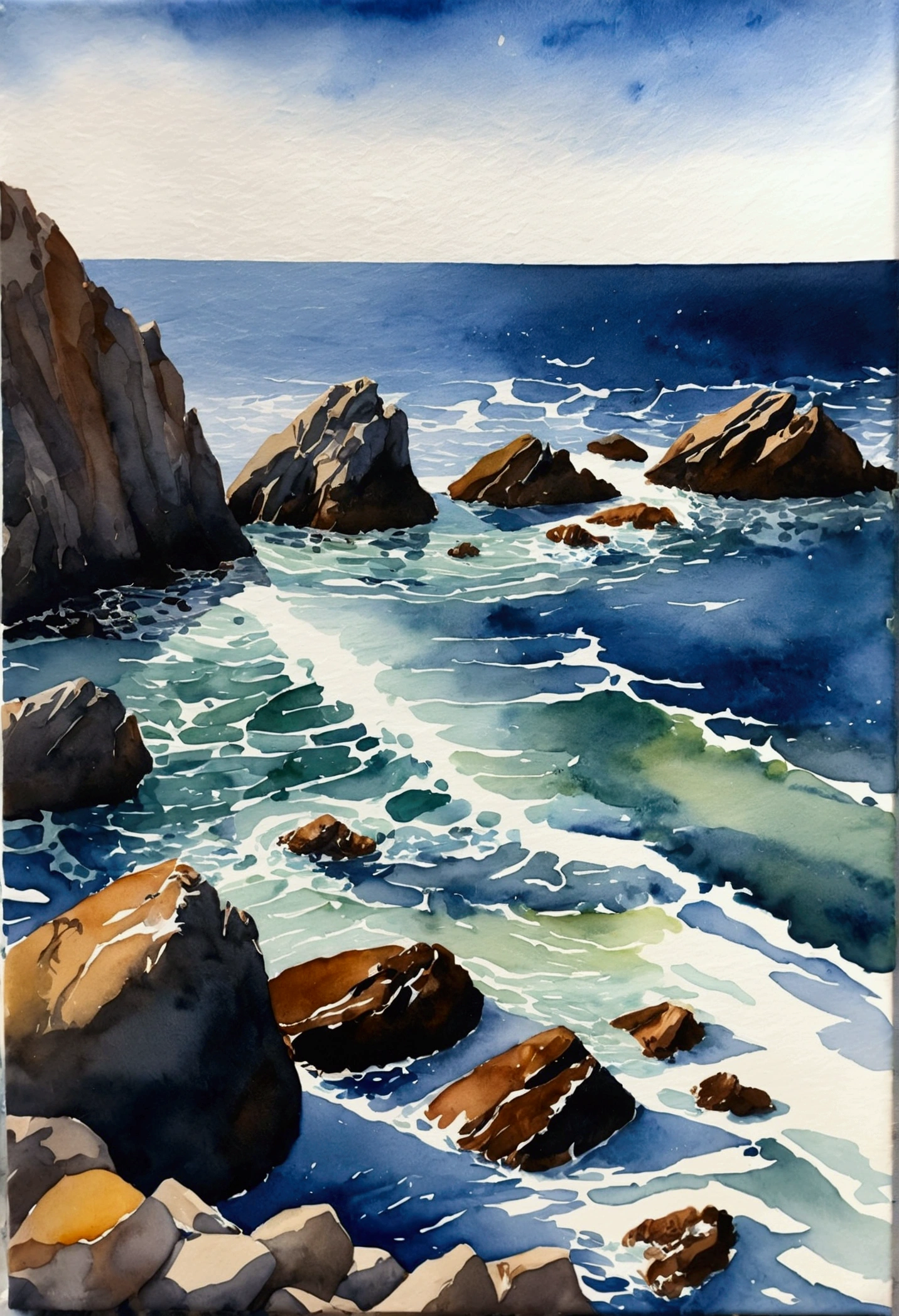 ocean, rocks, watercolor