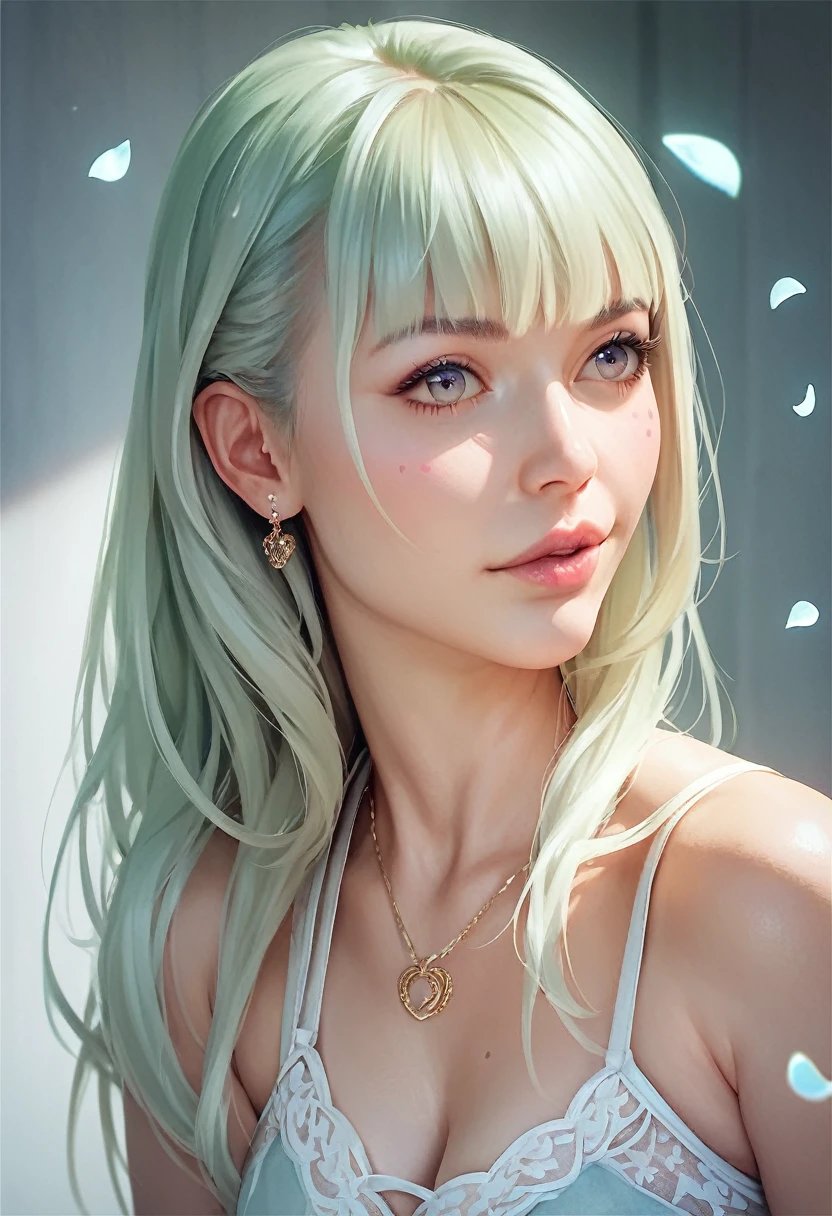 score_9, score_8_up, score_7_up, Girl's profile picture, light green long hair with bangs, light blue petals on cheeks, realistic skin texture, detailed picture, HD32k