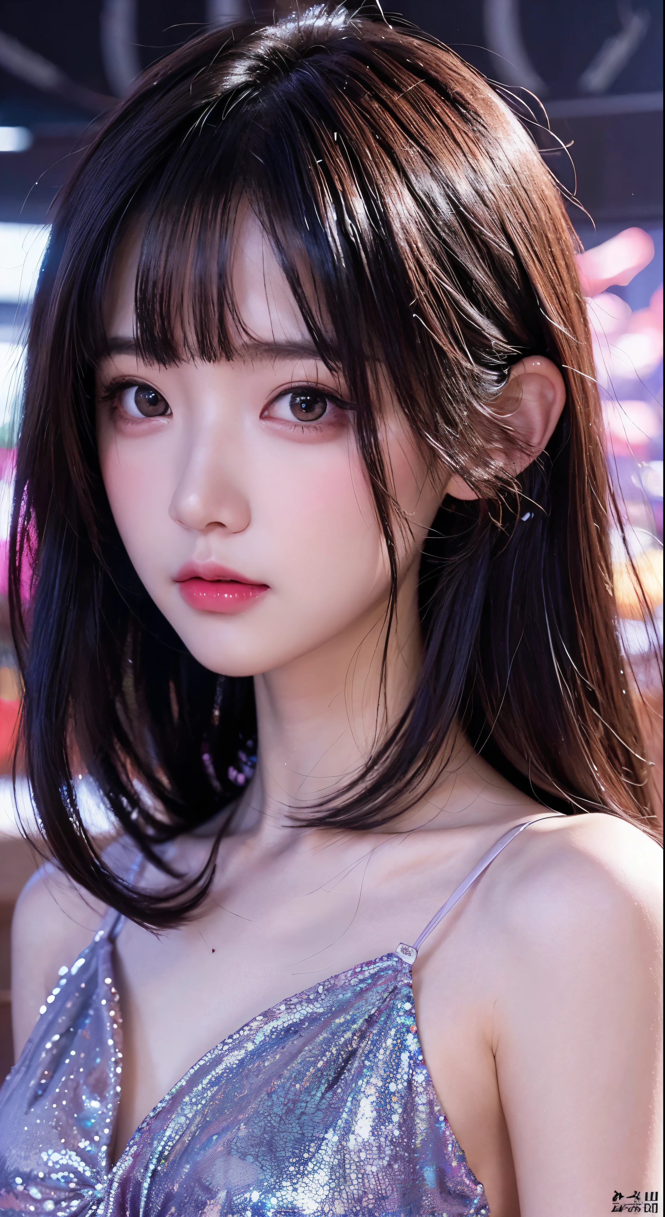 (Magazine Cover:1.3)、ulzzang - 6500、(Realistic:1.3)(original:1.2)、masterpiece、Highest quality、Beautiful pretty face、whole body、1girl、Glitch Art、(Digital Distortion)、Pixelated Fragments、Facial details、Colorful Noise、Visual Light Effects　　Contemporary aesthetics，