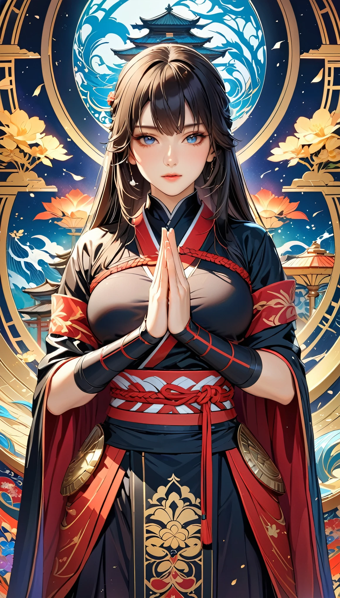 (masterpiece:1.2),(Highest quality),(Very detailed),(High resolution),8k,wallpaper,1 girl,Beautiful female hands,Fine hand,(A female ninja stands in the world of illusions),look at me,Beautiful Eyes,Beautiful and shining eyes,She is on the brink of enlightenment,She is praying,(The background is the beautiful world of the three thousand great worlds),(((Hand,detailed,perfect,perfection,hands)))