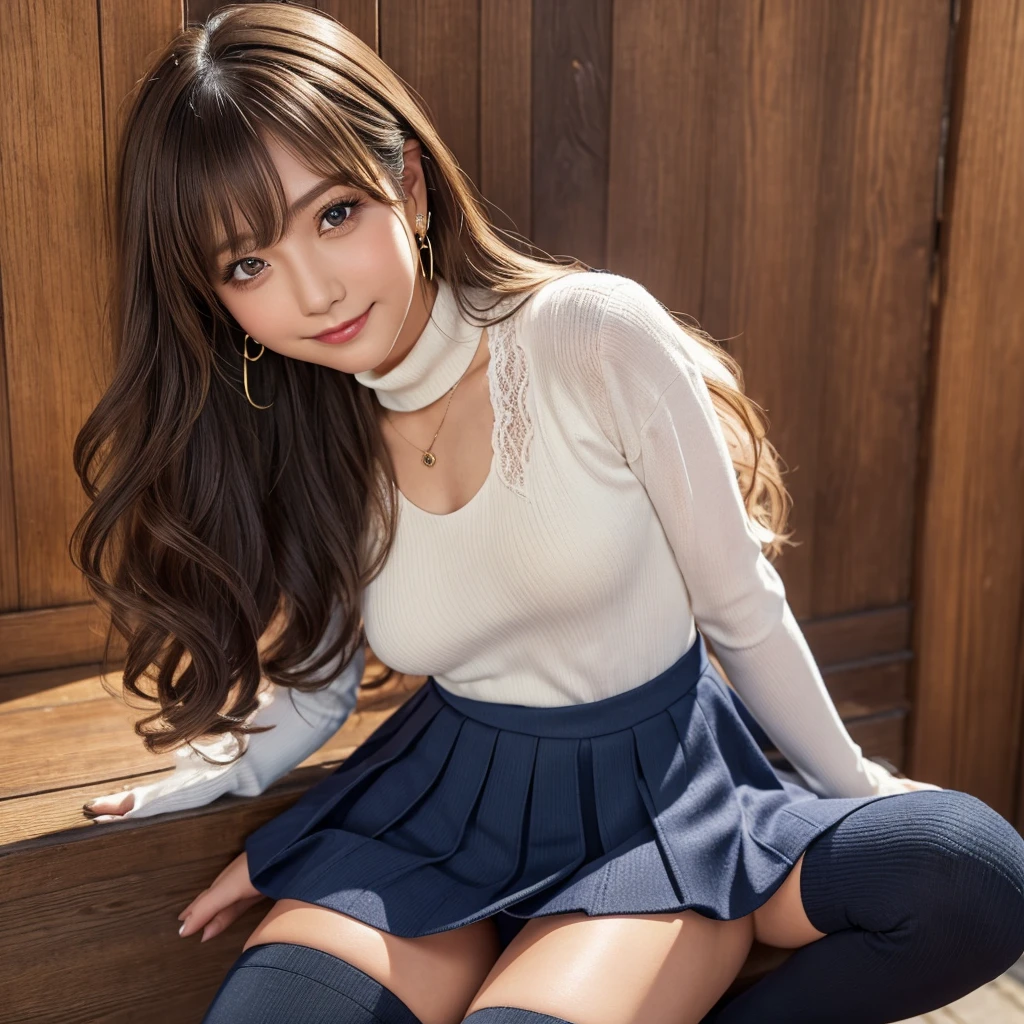 (Tabletop, Highest quality, High resolution, , Pixel perfect, 4K,), 1 girl, single, alone, Beautiful woman、I could see the whole body、 ((Wavy mid-length hair, bangs, Brown Hair)), ((Brown eyes, Beautiful eyelashes, Realistic eyes)), ((Detailed face, blush:1.2)), ((Smooth texture:0.75, Realistic texture:0.65, Realistic:1.1, Anime CG style)), Mid-chest, Dynamic Angle, Perfect body, ((, female teacher, , Earrings、necklace、Turtleneck sweater、Dark blue flared skirt、Black knee-high stockings、、、A shy smile)), Excellent、、、evening、、Bring your arms together to emphasize your chest、Leaning forward、(、Showing her white lace panties、Angle from below)、
