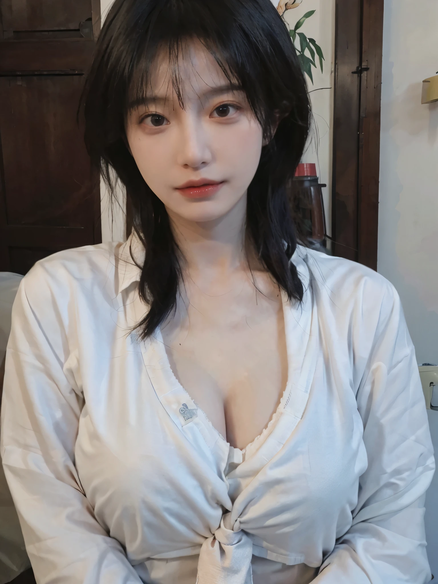 Best quality,masterpiece,ultra high res,(photorealistic:1.4),1girl,sexy,(shirt and tie:1.2),(bra:1.2),(large breast:1.3),(upper body:1.4)