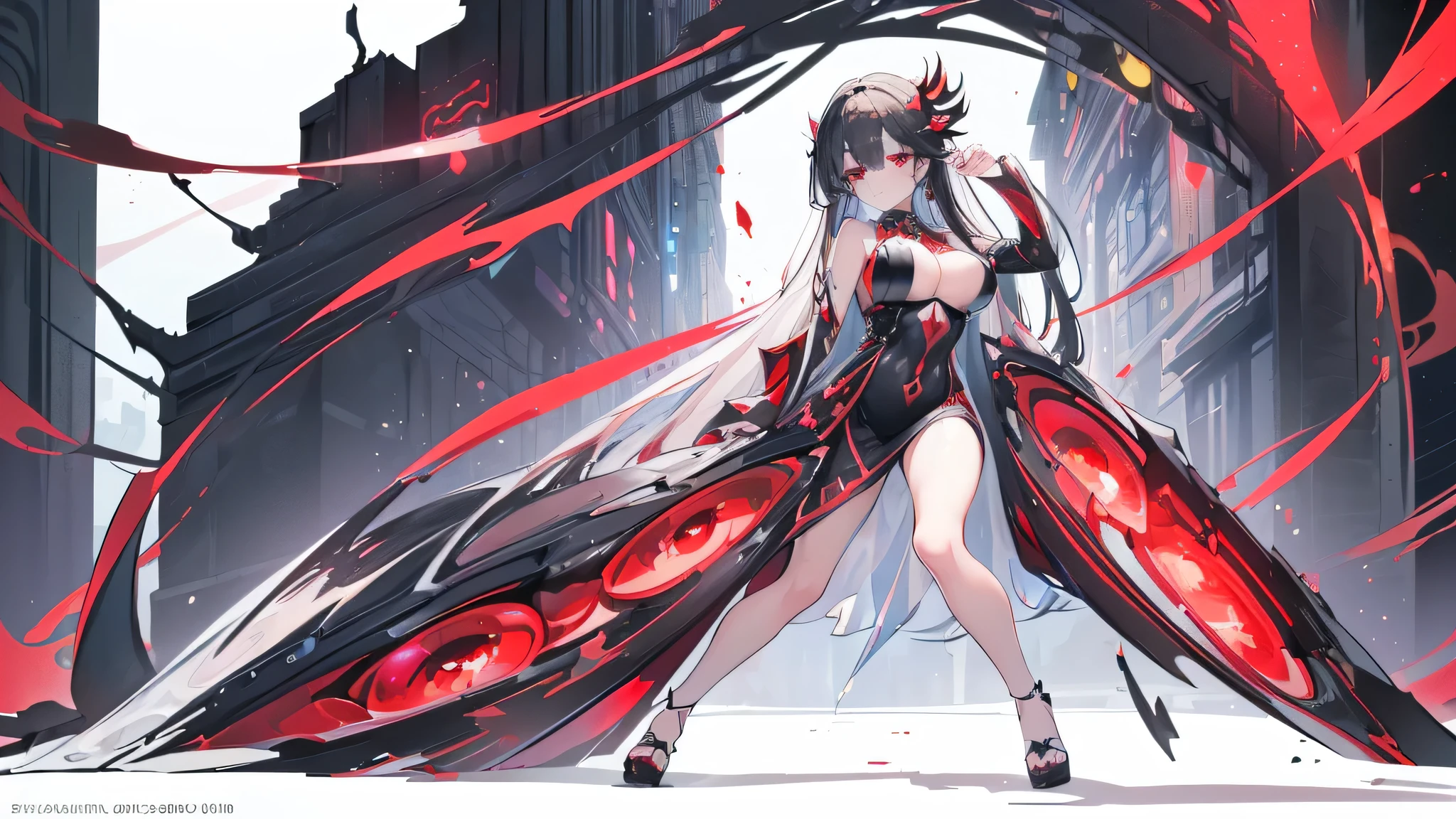 Exquisite eyes),(Clear and beautiful eyes:1.61),masterpiece, ung girl,(Black clothes and some red gems), Black long hair, (She has a huge red gem on her chest), Good Hand,((The Havoc of StarCraft)),full-body shot,Fighting Stance,(Red Eyes:1.466)，short and small,(Very big breasts:1.35),(Pretty Face),(full-body shot:1.33),Beautiful hands
