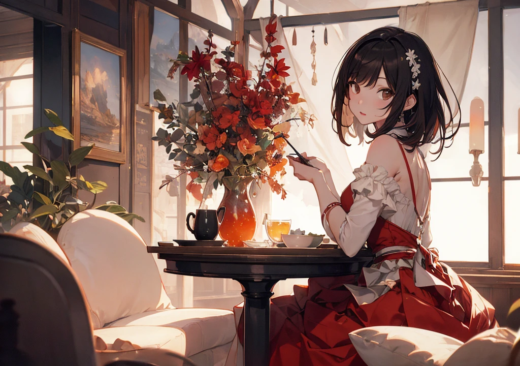 Realistic photos, Focus distance 10mm, Red and white, Beautiful girl, Realistic photos, Shooting at focus distance 10mm, masterpiece, 最high quality, high quality, Very detailed CG 8k wallpaper unit, Award-winning photography, Depth of written boundary, High resolution, bloom, chromatic aberration, Realistic, Very detailed, Art Station Trends, CGsociety Trends, Complex, High detail, dramatic, Art on the go, volumetric lighting, Soup A beautiful girl in an elegant dress is enjoying a hot soup. The background is the warm atmosphere of a high-end restaurant. The girl has short black hair and light brown eyes