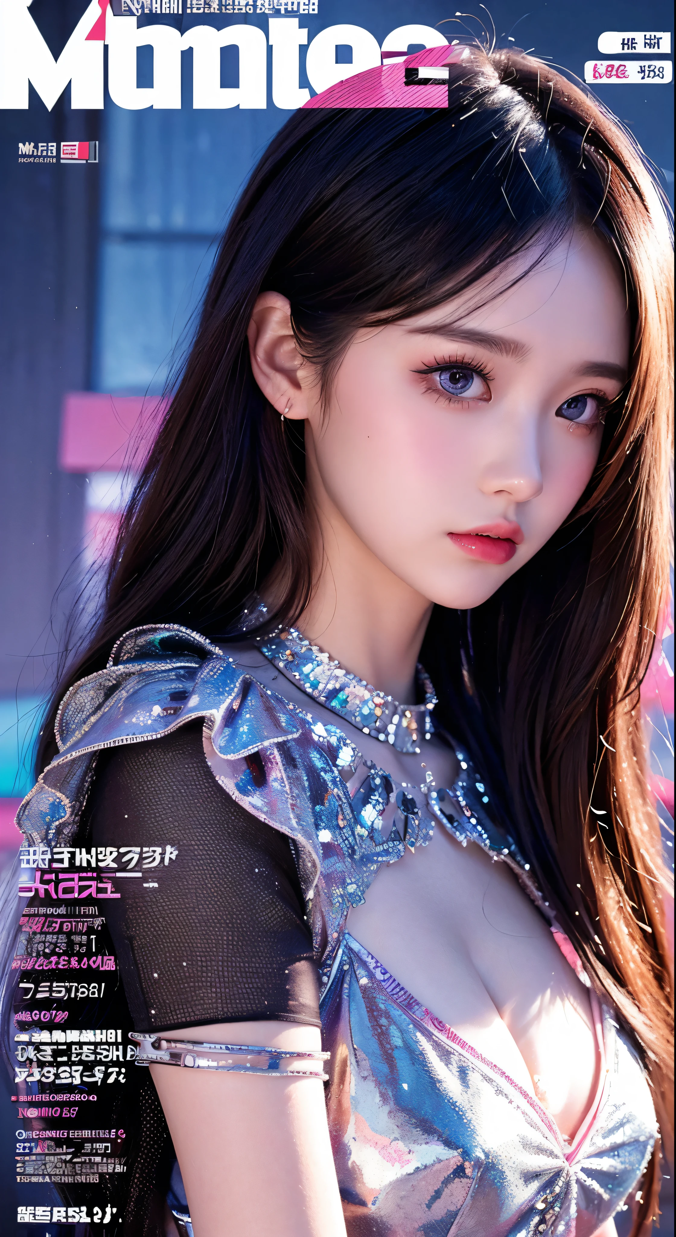 (Magazine Cover:1.3)、ulzzang - 6500、(Realistic:1.3)(original:1.2)、masterpiece、Highest quality、Beautiful pretty face、whole body、1girl、Glitch Art、(Digital Distortion)、Pixelated Fragments、Facial details、Colorful Noise、Visual Light Effects　　Contemporary aesthetics，