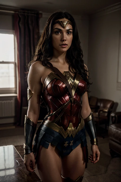 Wonder woman from justice league, dressing her suit, making a interview in a room, masterpiece, 8k, hyper detailed, photo real, natural moviment, cinematic