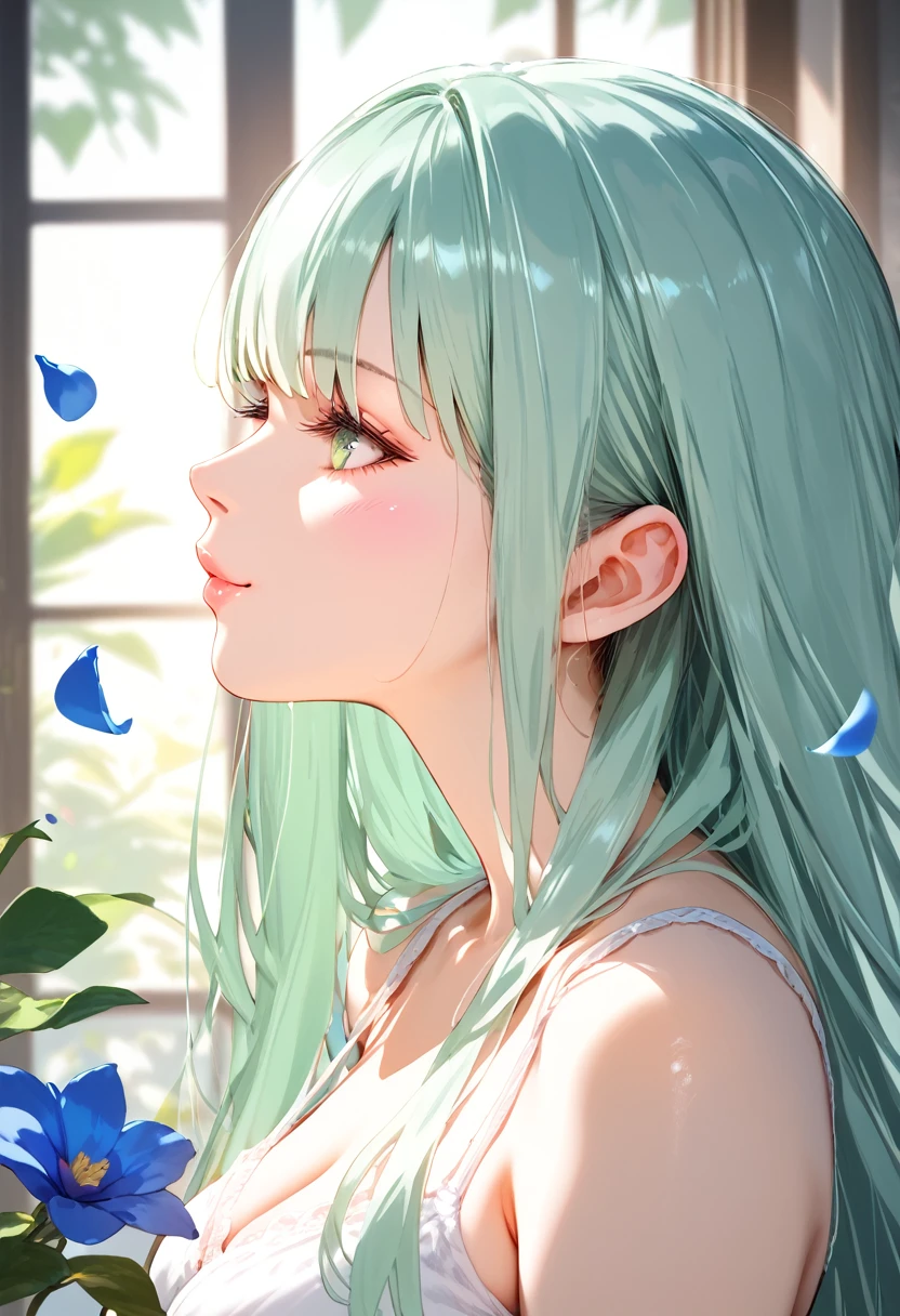 score_9, score_8_up, score_7_up, Girl's profile picture, light green long hair with bangs, light blue petals on cheeks, realistic skin texture, detailed picture, HD32k