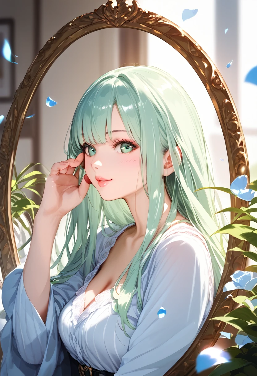score_9, score_8_up, score_7_up, Girl's profile picture, light green long hair with bangs, light blue petals on cheeks, realistic skin texture, detailed picture, HD32k