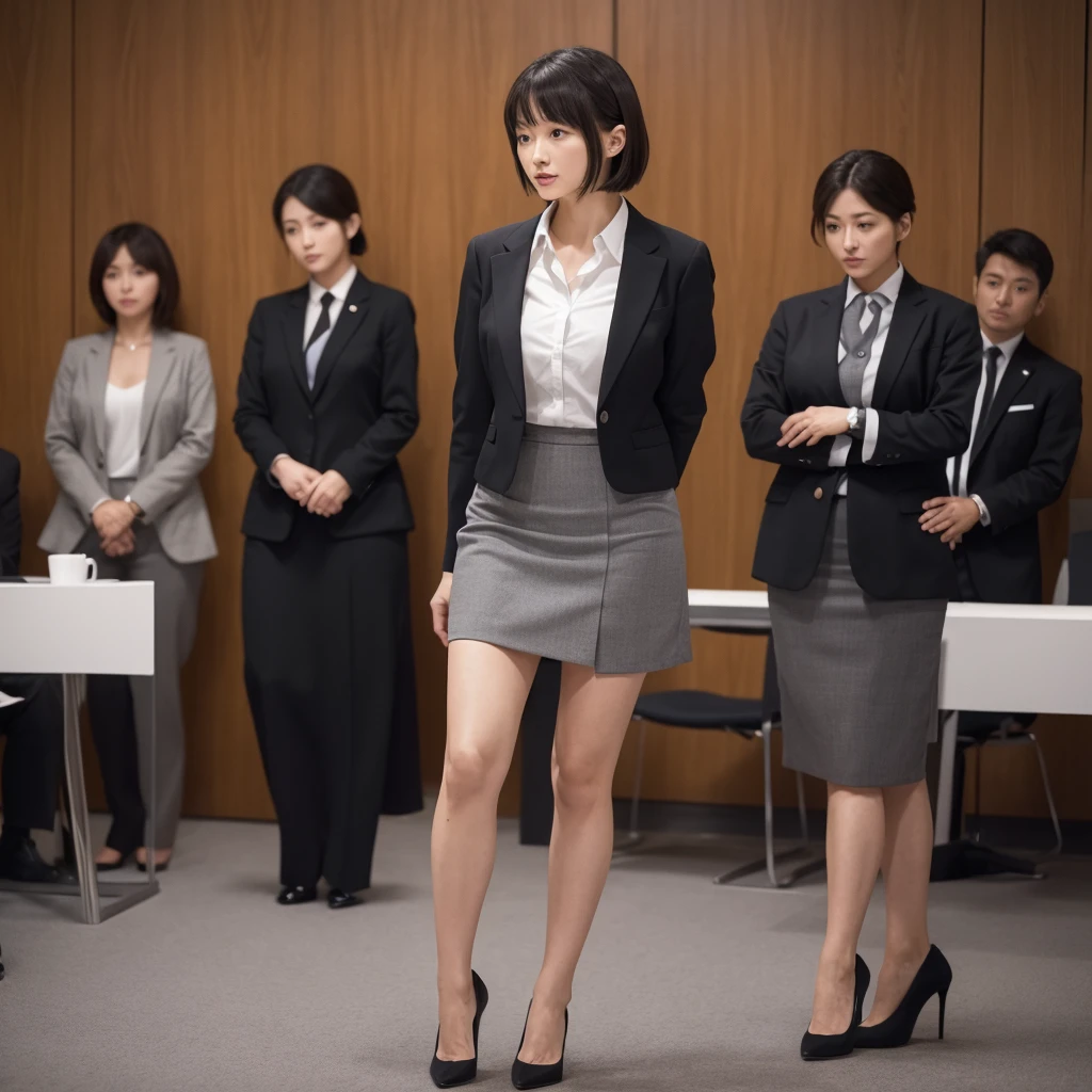 ((Highest quality、Ultra-high resolution、masterpiece))、Sharp focus、広い is written in depth、(Excellent anatomy:1.2)、(Photorealistic:1.4)、(1. Japanese office lady:1.3)、Black Business Closer Rack Blazer、Grey tight skirt、High heels、Narrow side、Thin thighs、Physically thin、short hair、((Looking at the audience))、 Looking at the camera、On the conference room couch、((I&#39;Sleeping on your back:1.6))、((Spread your legs:1.4))、(Under the skirt:1.7)、(A woman rolling up her skirt)、(smile:0.7)、Detailed face、Fine skin、Quality fabric texture、(((Red panties、Emphasis on the crotch、Woman showing off her panties、Photo focused on panties、Shooting from below)))、((Panties close up:1.58))、((View from below:1.45))