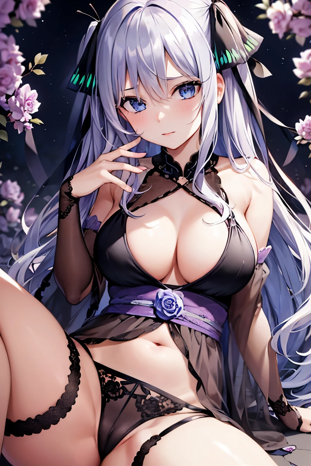 Highest quality, masterpiece, shape, wallpaper,One Girl, Beautiful detailed girl, Highly detailed eyes and face, Beautiful attention to detail, Shine, View your audience, blue eyes, Side Up,美しいSilver Hair, Thighs, ,Crispy fingers, Clear Background, deep night、Big earrings、bracelet、garter belt,street,kimono,autumn,Underexposed eyes,Silver Hair,butterfly,Long white hair,8kwallpaper,Detailed Background,Highest Resolution,Deep V Big Tits,Purple Rose,Fitted,Moon,Sexy body,Sexy Costumes,Spread your legs,sit