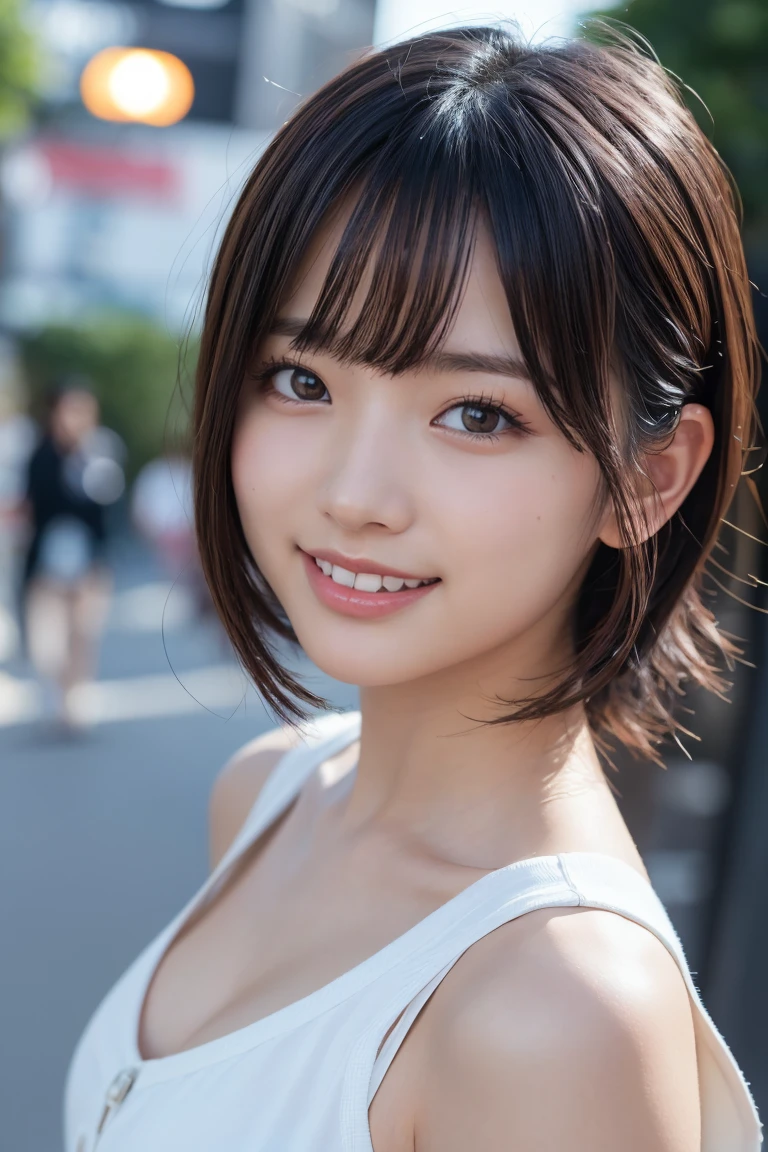 masterpiece、1 girl、View from the front、Japanese、Very cute woman、(The cutest girl in the world)、30 year old student、Makes your face smaller、smile、Very cute face、Glossy Lips、Double eyelids on both eyes、Natural Makeup、Long eyelashes、Shiny and smooth light brown hair、bangs、Center image、8k resolution、Advanced Details、Detailed hairstyle、Detailed face、Great cinema lighting、Vibrant、Ultra-realistic、Perfect limbs、Perfect Anatomy, Spring 2024, Tokyo, Popular summer clothes, The background is Shibuya、Cool clothes