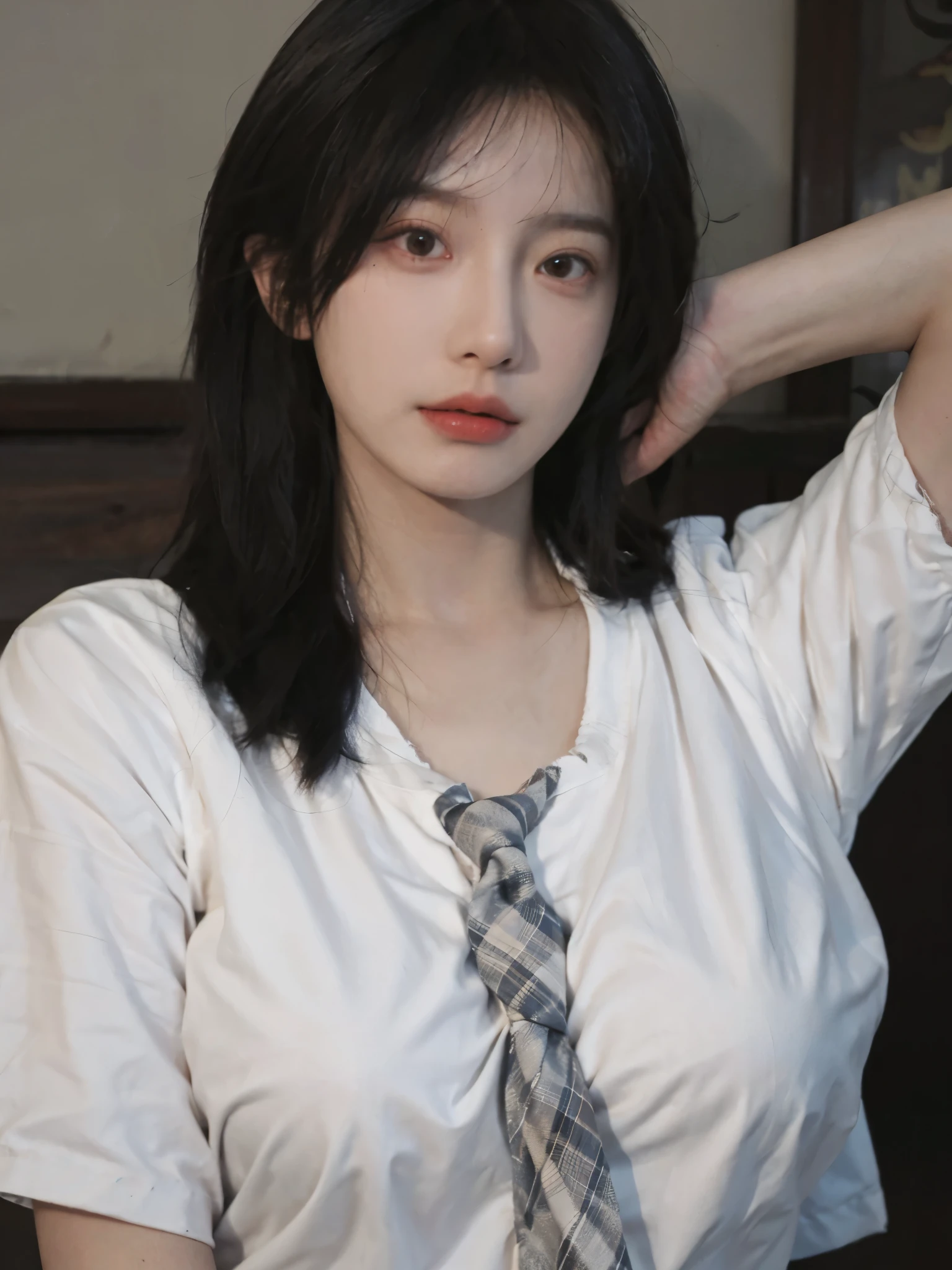 Best quality,masterpiece,ultra high res,(photorealistic:1.4),1girl,sexy,(shirt and tie:1.2),(bra:1.2),(large breast:1.3),(upper body:1.4)