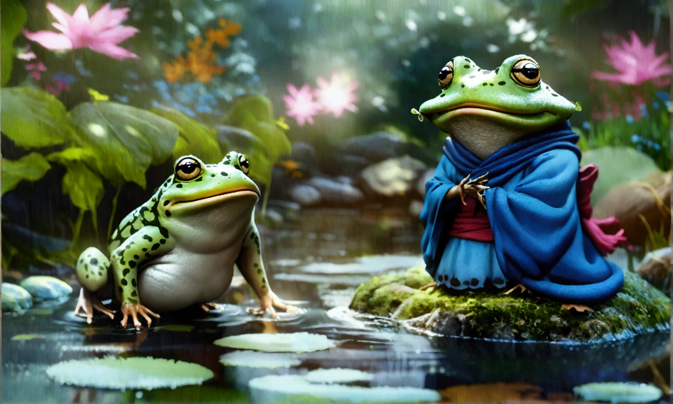 Frog man, wearing a blue robe, pond scenery, "Anime character design inspired by One Piece, full of dramatic and impressive lighting, focus on the centralized character, impressive face, full of creative details, 4K ultra-fine design, scenery bathed in creativity, boasting 2D anime resolution clarity, HD anime graphics, high-octane rendering"