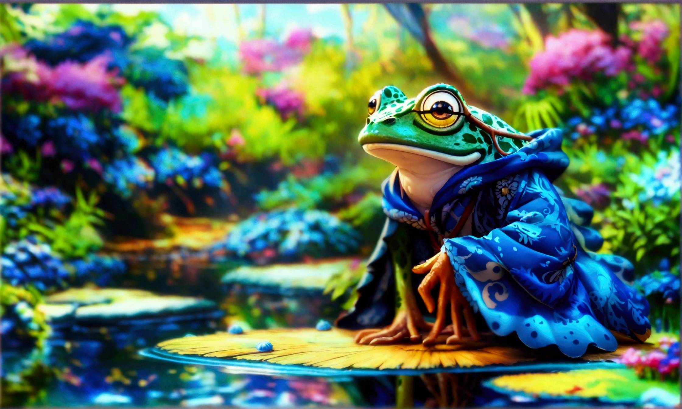 Frog man, wearing a blue robe, pond scenery, "Anime character design inspired by One Piece, full of dramatic and impressive lighting, focus on the centralized character, impressive face, full of creative details, 4K ultra-fine design, scenery bathed in creativity, boasting 2D anime resolution clarity, HD anime graphics, high-octane rendering"