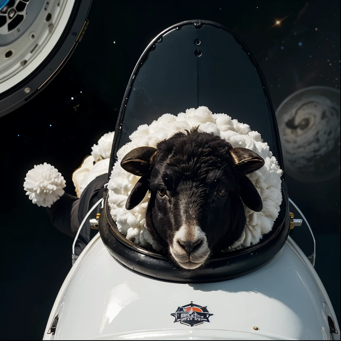 A black sheep all alone in space in a spacesuit on a surfboard. It is followed by many crazy white sheep