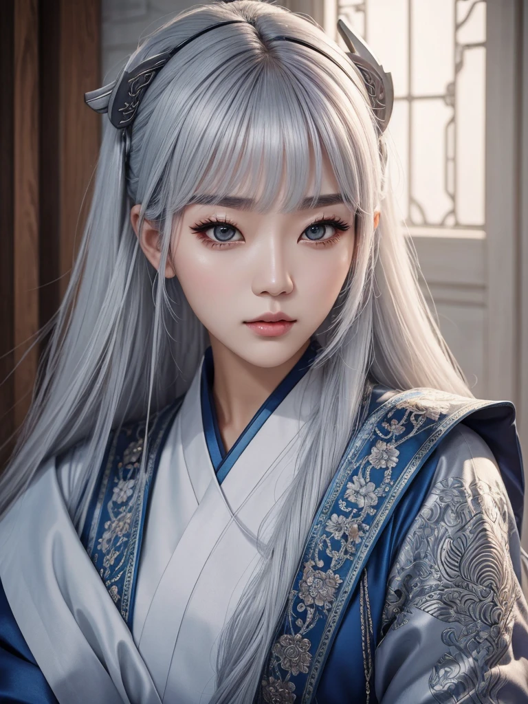 A woman with a beautiful face that would make a god jealous, silver hair, classic Korean clothing, and a hunter image,<lora:femaleNobleClassHanbok
