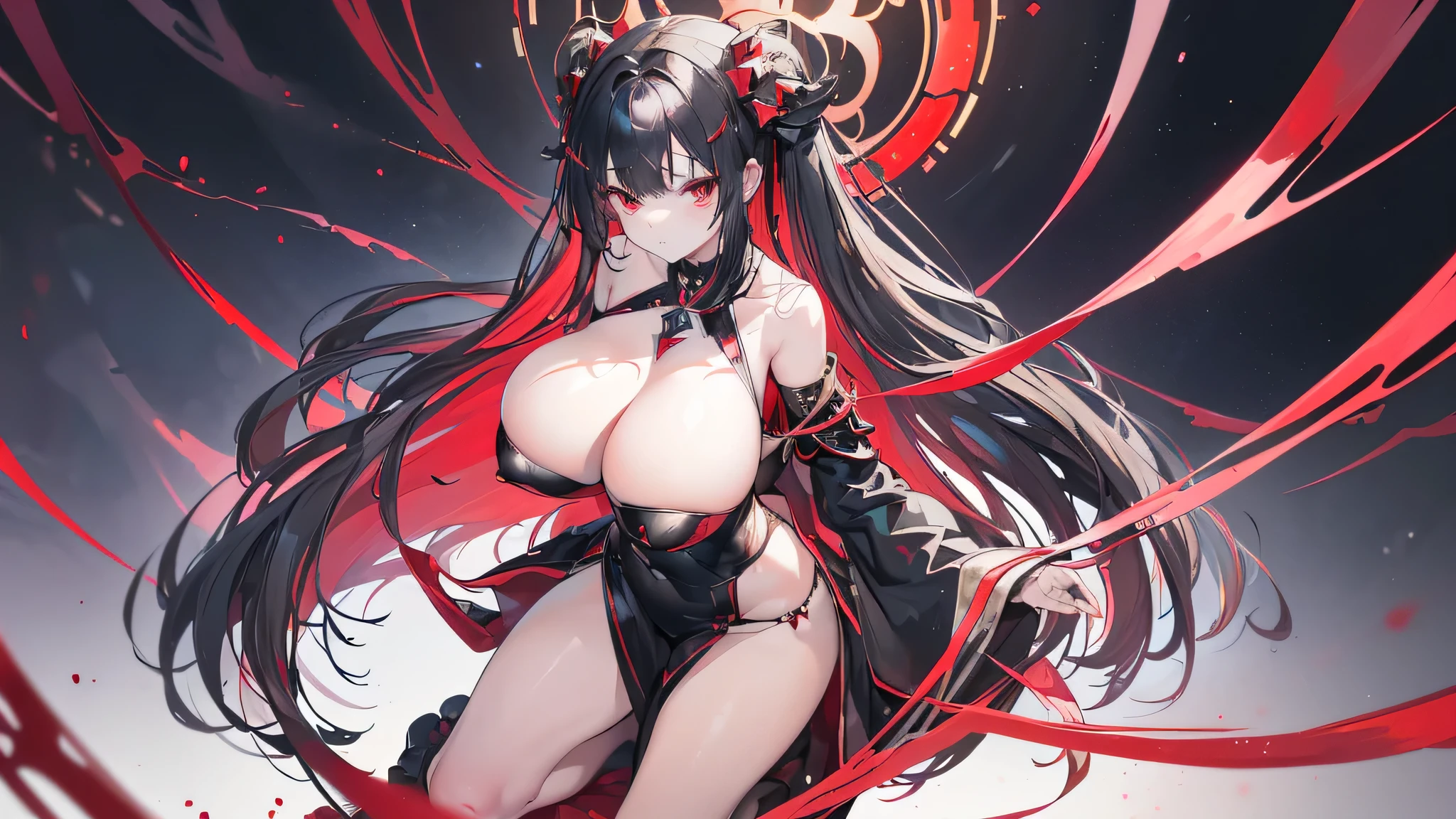 Exquisite eyes),(Clear and beautiful eyes:1.61),masterpiece, ung girl,(Black clothes and some red gems), Black long hair, (She has a huge red gem on her chest), Good Hand,((The Havoc of StarCraft)),full-body shot,Fighting Stance,(Red Eyes:1.466),short and small,(Very big breasts:1.35),(Pretty Face),(full-body shot:1.33),Beautiful hands