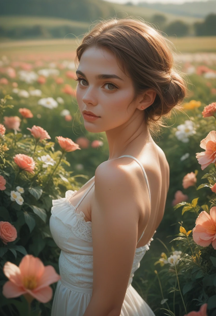 Most beautiful woman in the world, posing in a land of flowers
