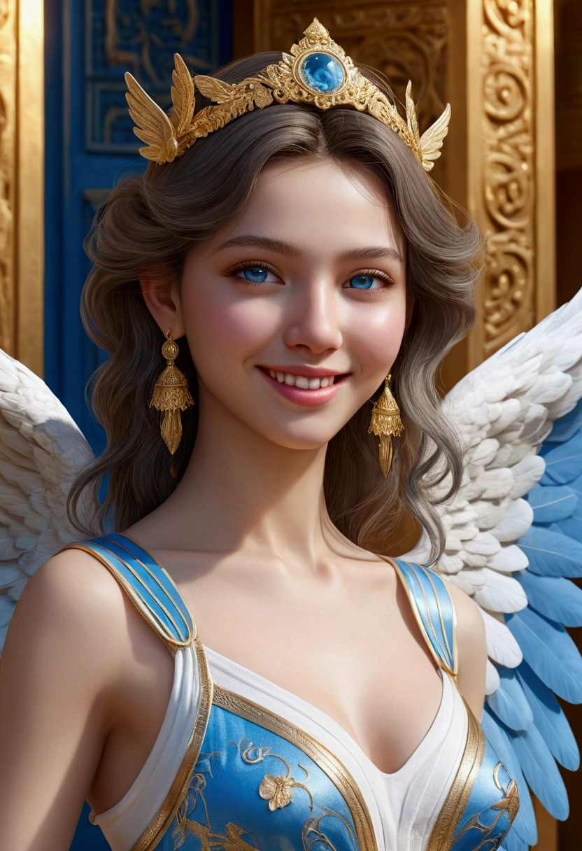 close up, hyperdetailed faces and eyes, masterpiece, full body surreal of an extremely beautiful female angel with pale pink and blue wings and full body blue and white mixed dress in front of the ancient golden Pathenol temple shining brightly by Artgerm js annmajamie, cute realistic angel smile, realistic face, realistic smile, realistic skin, realistic teeth, realistic eyes, best quality, vivid, UHD, 48K