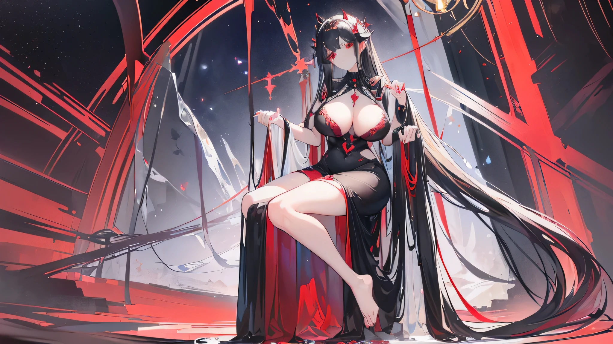 Exquisite eyes),(Clear and beautiful eyes:1.61),masterpiece, ung girl,(Black clothes and some red gems), Black long hair, (She has a huge red gem on her chest), Good Hand,((The Havoc of StarCraft)),full-body shot,Fighting Stance,(Red Eyes:1.466),short and small,(Very big breasts:1.35),(Pretty Face),(full-body shot:1.33),Beautiful hands