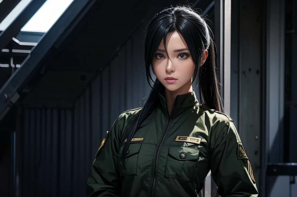In a realistic military setting、A female warrior stands firm。Her jet black hair was tied back、Wearing a utility uniform。Because she's holding a rocket launcher、Hands covered with fingerless gloves。A rifle hangs from a shoulder holster.、The clothing has a camouflage pattern。