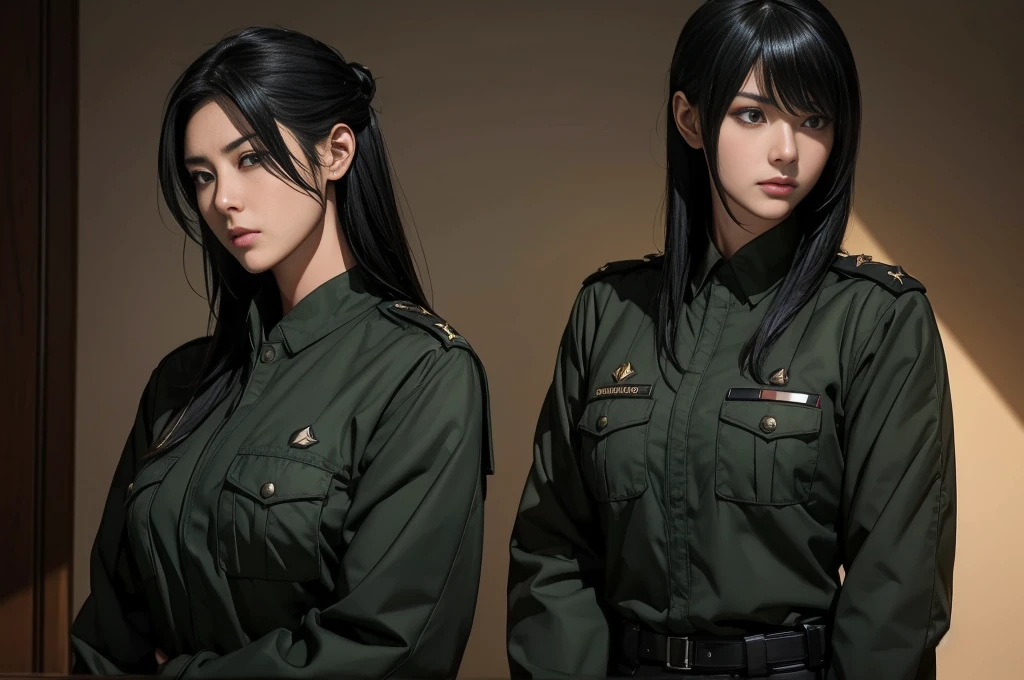In a realistic military setting、A female warrior stands firm。Her jet black hair was tied back、Wearing a utility uniform。Because she's holding a rocket launcher、Hands covered with fingerless gloves。A rifle hangs from a shoulder holster.、The clothing has a camouflage pattern。