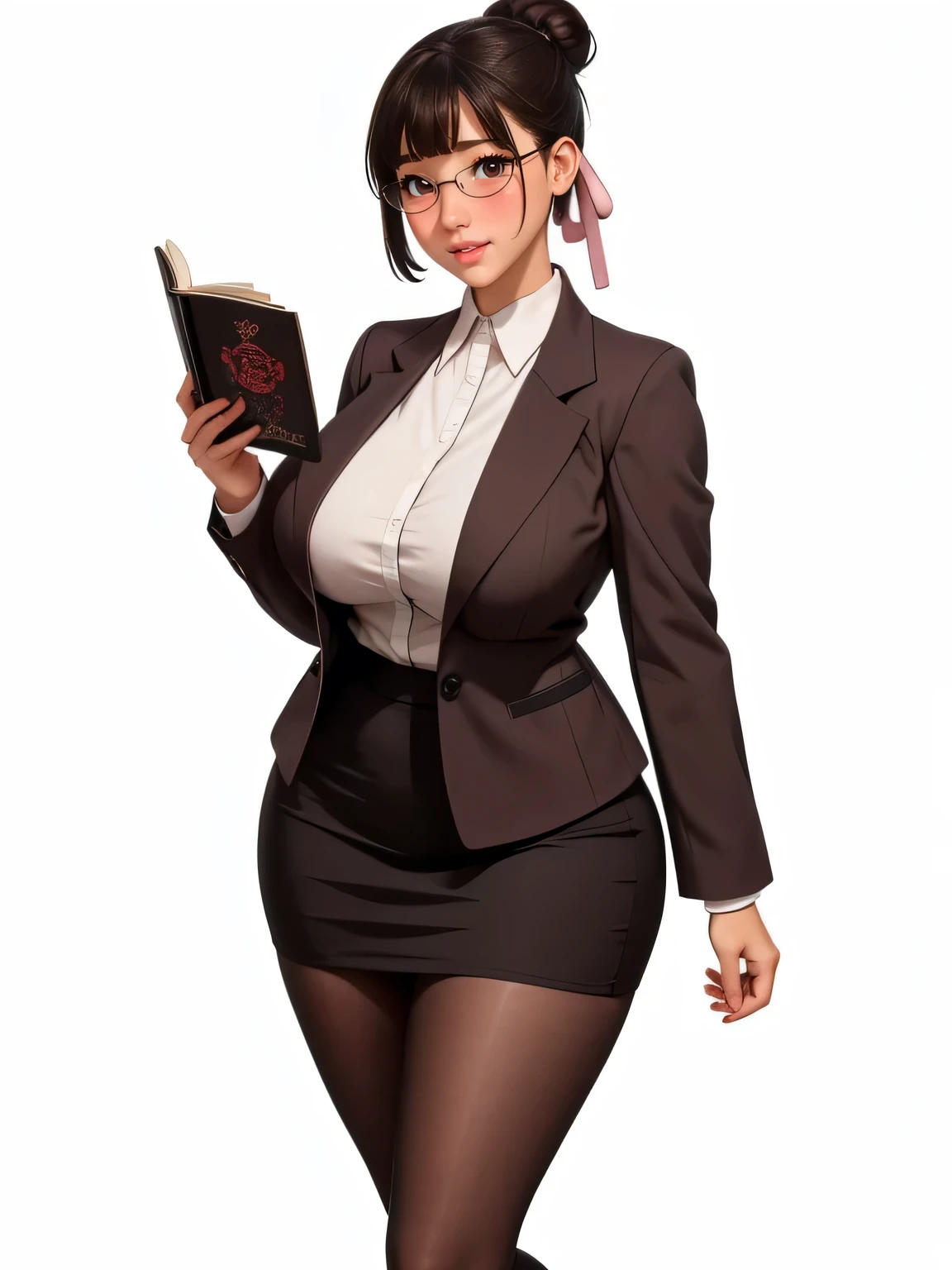 (highres, high quality:1.3), intricate details, cinematic lighting, sharp focus, depth of field,
KuroseKatsuko, 1girl, solo, full body, mature female, looking at viewer, standing, white background, siple background,
serious, embarrassed, blush, holding book, open mouth,
[brown|black] hair, short hair, blunt bang, hair bun, ribbon, makeup, lipstick, eyelashes, brown eyes, detailed eyes, glasses, perfect face, cute nose, beautiful face, perfect face, illuminated face, thick lips, blushes, symmetrical face, beautiful detailed face, human ears, seductive, pleasure expression, orgasm expression,
suit, jacket, skirt, black pantyhose, tight clothes,
huge breasts, curvy, thighs, wide hips, large hips, thick thights, huge thights, hourglass figure, big breasts, huge breasts, large breasts, big butt, huge butt, very slim stomach, thin belly,