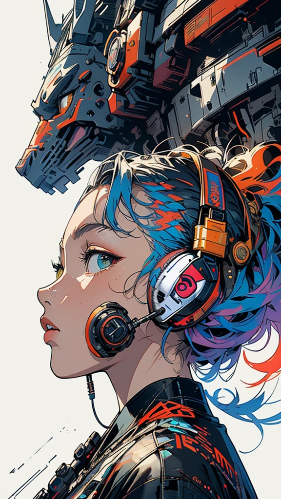 (((masterpiece, highest quality))),(((solo:1.2))),(((1girl:1.2))),32k wallpaper, very detailed, poster, vintage science fiction,(((((geometric cinematic movie poster))))), ((bauhaus)),(shape),(((abstract))),(mid century modern),(((((portfolio))))),(((((Close-up))))),(((((bust up))))),((((more various angle)))),((((highlight)))),((((heterochromia)))),(((complete. detailed face))),((((Extremely talented)))),(((((most complecated futristic machine))))),(Colorful color scheme),(((detailed unlimited complete equipment : headphone like a rail gun))),(((((Absolutely simple background))))),(((Texture for people : grunge))),