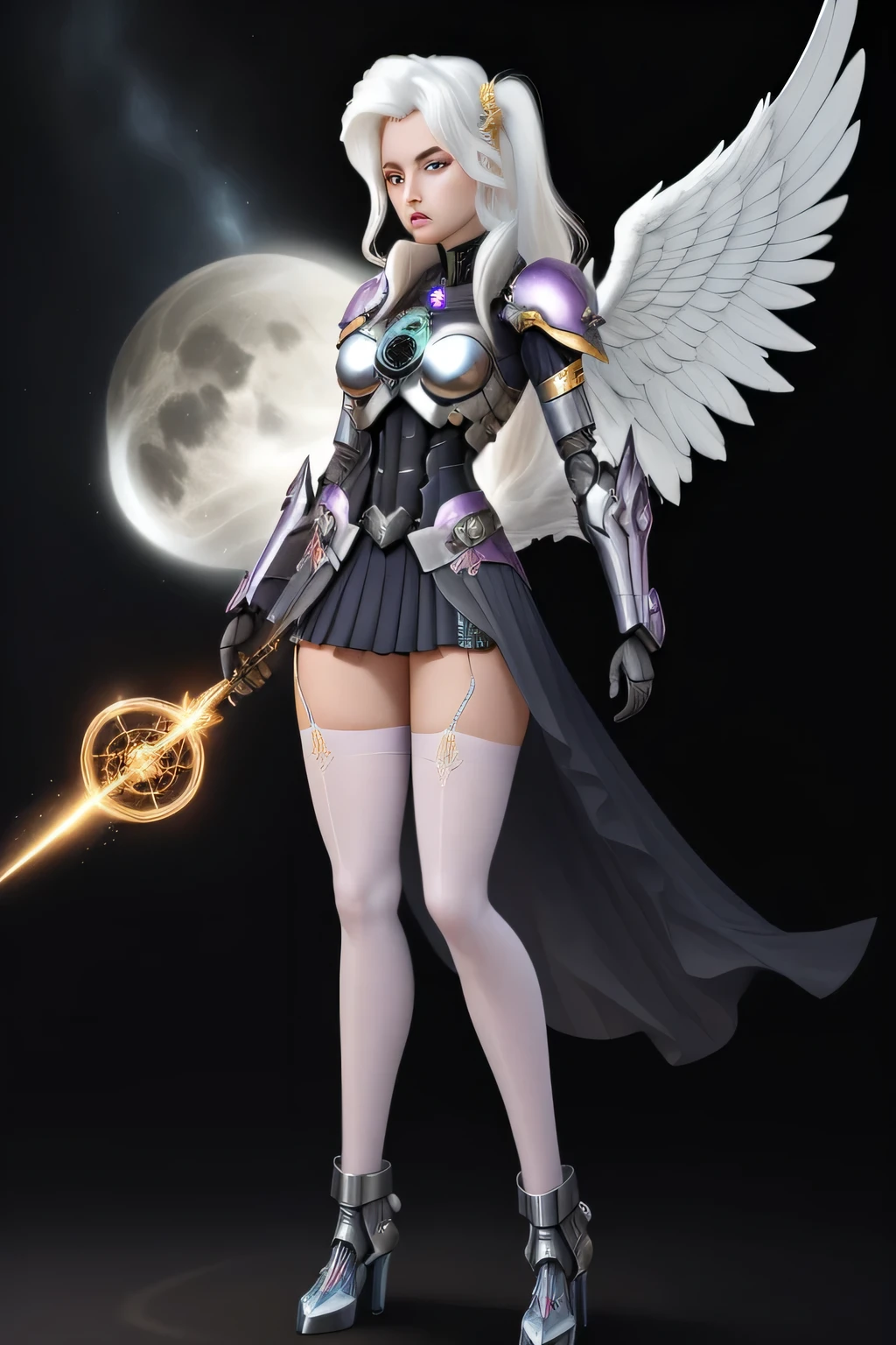 8K ultra realistic , High detail, Beautiful, Trixie Lulamoon - My Little Pony - Equestria Girls, women, Cara sexy, yellow eyes, by white, Skinny body, white hair with light blue rays bare head to the wind Bare Head,perfect lips, perfect eyes, Wings angels, pose sexy, pink stockings, mecha, neon sign, Transcendental Clockwork-style galactic armor with a core with the power to manipulate time itself, led night city, seen from above, high quality, realist, beautiful light, full detail, Black background. 40-year, forest galactic level 27, full body, background skull cavern