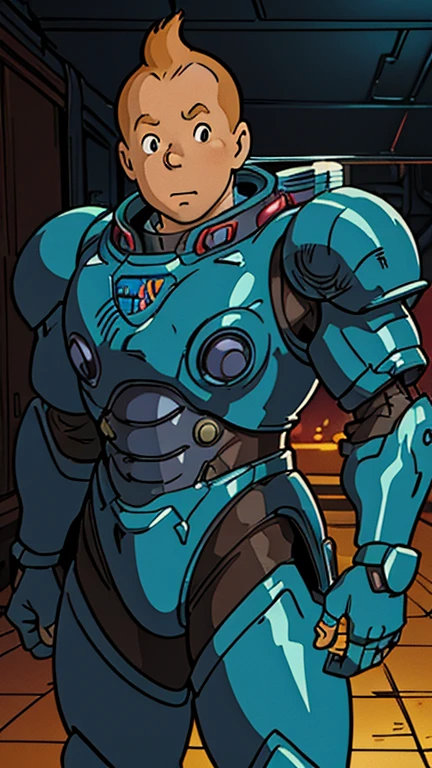 (Teens:1male: Tintin), (extremely detailed CG unit 8k wallpaper),(master part), (best quality), (ultra detail), (best illustration),(armor), cowboy shot, (Sharp eyeliner, ombre, detailed eyes:1), dark neon light cyberpunk indoors background, ,break , (ghibli style), upper body