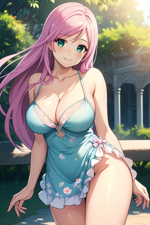 1 girl, 19 years old, Long pink hair, green eyes with slit pupils, master-piece, best quality, (standing up), (short dress), (floral, spaghetti strap, short blue summer light blue dress), (Big , ultra gigantic , Super super big, Glamorous body), Make eye contact with the camera, front figure, looking forward, (light_Smile:1.5), (Detailed hands and fingers:1.2) (In the sunny park), (FULL BODYSHOT), thighs thighs thighs thighs、beauty legs、Bare legs