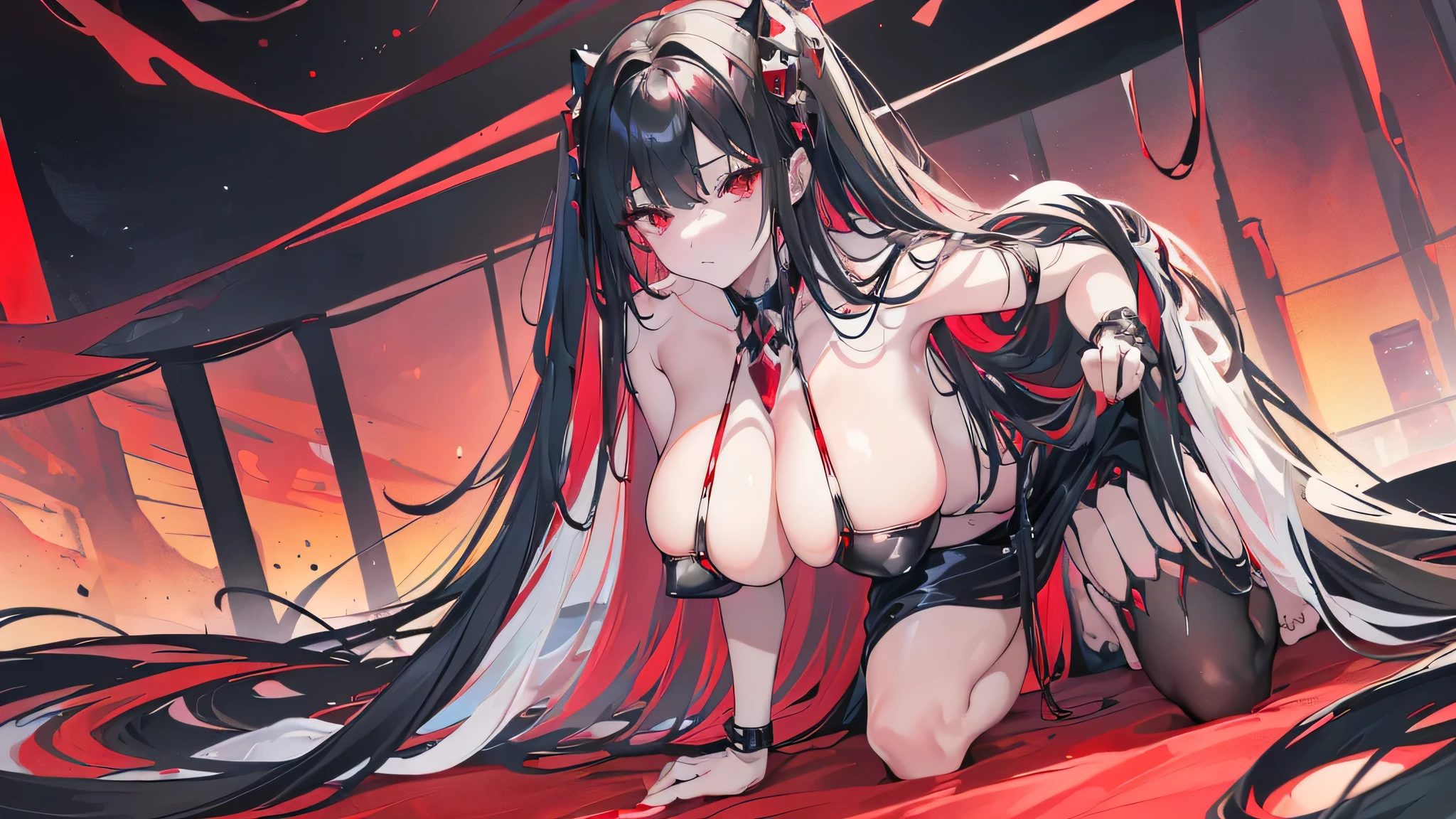 Exquisite eyes),(Clear and beautiful eyes:1.61),masterpiece, ung girl,(Black clothes and some red gems), Black long hair, (She has a huge red gem on her chest), Good Hand,((The Havoc of StarCraft)),full-body shot,Fighting Stance,(Red Eyes:1.466),short and small,(Very big breasts:1.35),(Pretty Face),(full-body shot:1.33),Beautiful hands