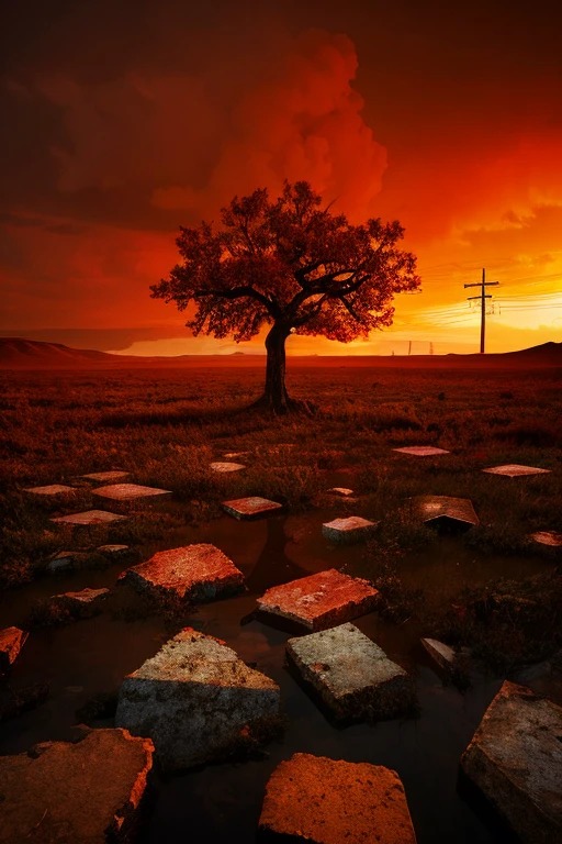 Highest quality、masterpiece、Desolate Earth、wreckage、Red Sky、Surrealism