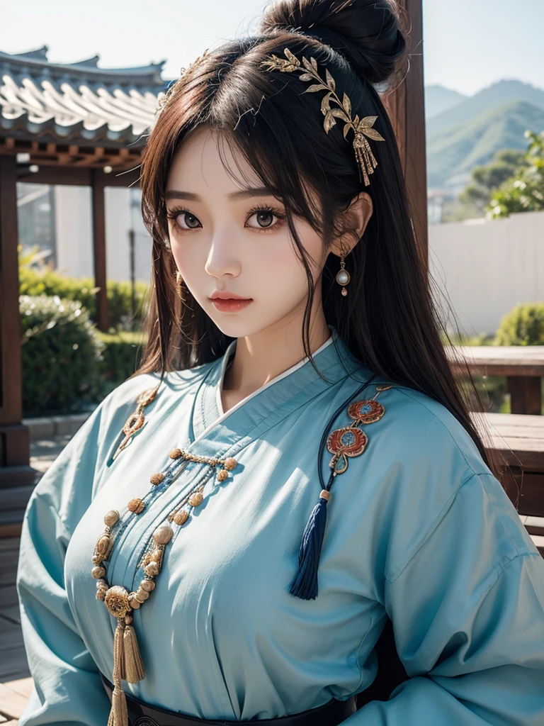 A woman with a beautiful face that would make a god jealous, classic Korean clothing, and a hunter image,<lora:femaleNobleClassHanbok