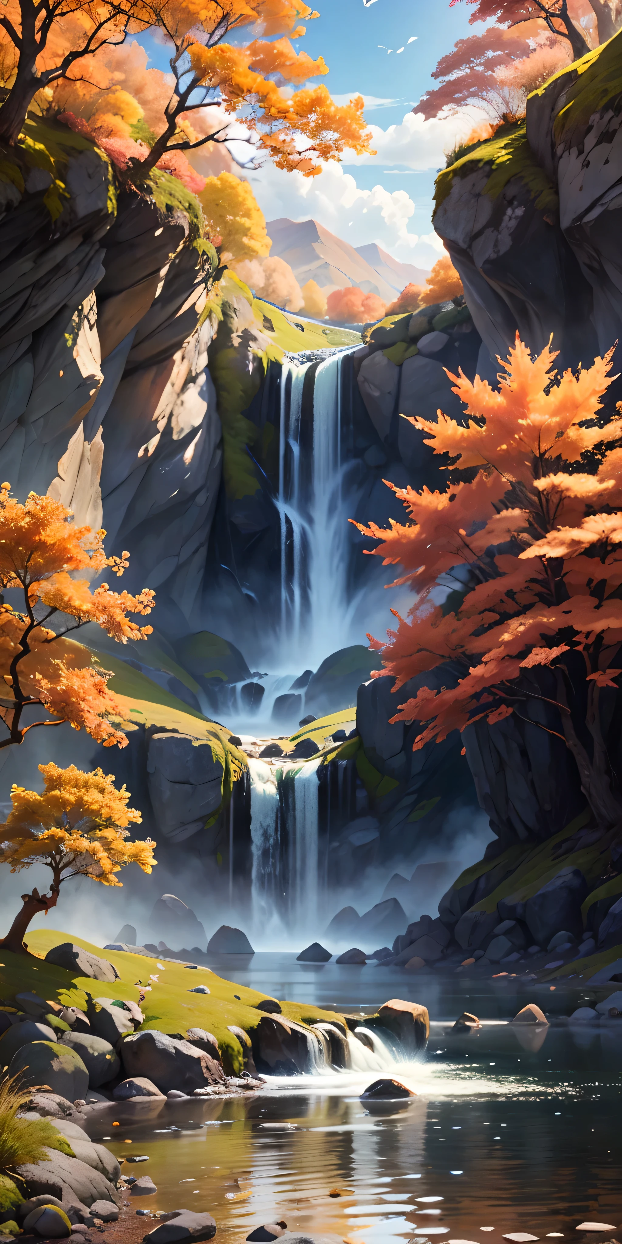 top-quality、Top image quality、masterpiece、A small waterfall in a valley with beautiful autumn leaves