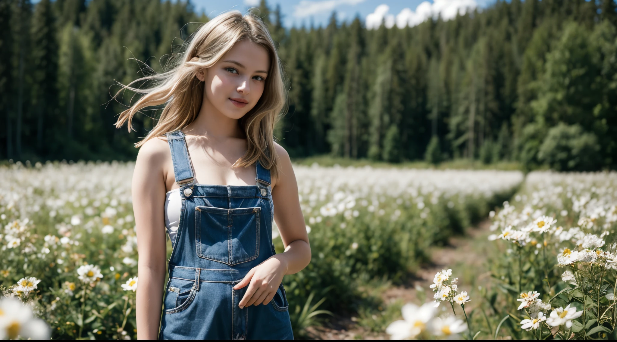 girl wearing naked overall, BREAK, 1girl, solo, standing, hand in pocket, naked overall, cleavage, sideboob, (15yo, cute:1.3), (breasts:1.2), looking at viewer, blonde hair, white flowers, white flower field,