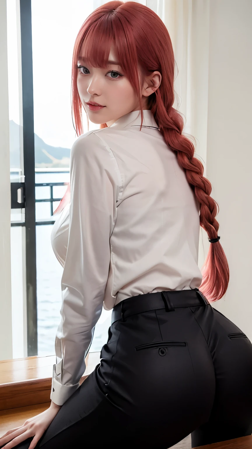 Highest quality、Ultra-high resolution、RAW shooting、(Turn around and look back)、Professional Lighting、Detailed Background、coastal、Full Body、Makima、25-year-old female、(High tone cherry pink hair)+(Long braided hair)+(bangs)、(Yellow Eyes)、White see-through shirt,(Black trousers:1.5)、Huge breasts that look like they might burst、Modest abdominal muscles、Big Ass、Big thighs、A sloppy smile、Close your mouth、(Sweaty skin)、(Ass View)、Walk on all fours