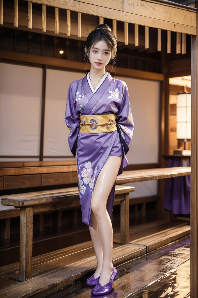 (((best quality))),(((ultra detailed))),(((masterpiece))),illustration,((1 beautiful Japannese girl,solo)),(neat bun:1.2),((slim,thin)),((small breasts,flat chest)),(in izakaya:1.3),(summer:1.2),(rainy:1.3),(indoor:1.2),(night scene:1.3),(wet:1.3),(collar:1.2),(purple floral kimono:1.3),porcelain skin,(slender legs:1.2),(loafers:1.2),rouge,dimly lit,warm glow,ethereal,(standing beside the table:1.3),(arms behind back:1.5),sake bottle,half-empty glass,tray,grilled fish,steamed vegetables,half-eaten,melancholic smile,storm,solitude,enigmatic aura,tranquility,chaos,simplicity,mysterious,captivating,((from front,full body))