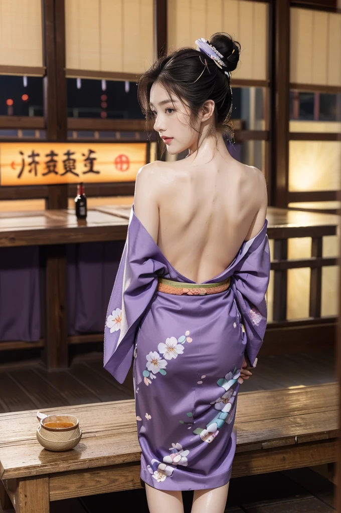 (((best quality))),(((ultra detailed))),(((masterpiece))),illustration,((1 beautiful Japannese girl,solo)),(neat bun:1.2),((slim,thin)),((small breasts,flat chest)),(in izakaya:1.3),(summer:1.2),(rainy:1.3),(indoor:1.2),(night scene:1.3),(wet:1.3),(collar:1.2),(purple floral kimono:1.3),porcelain skin,(slender legs:1.2),(loafers:1.2),rouge,dimly lit,warm glow,ethereal,(standing beside the table:1.3),(arms behind back:1.5),sake bottle,half-empty glass,tray,grilled fish,steamed vegetables,half-eaten,melancholic smile,storm,solitude,enigmatic aura,tranquility,chaos,simplicity,mysterious,captivating,((from front,full body))