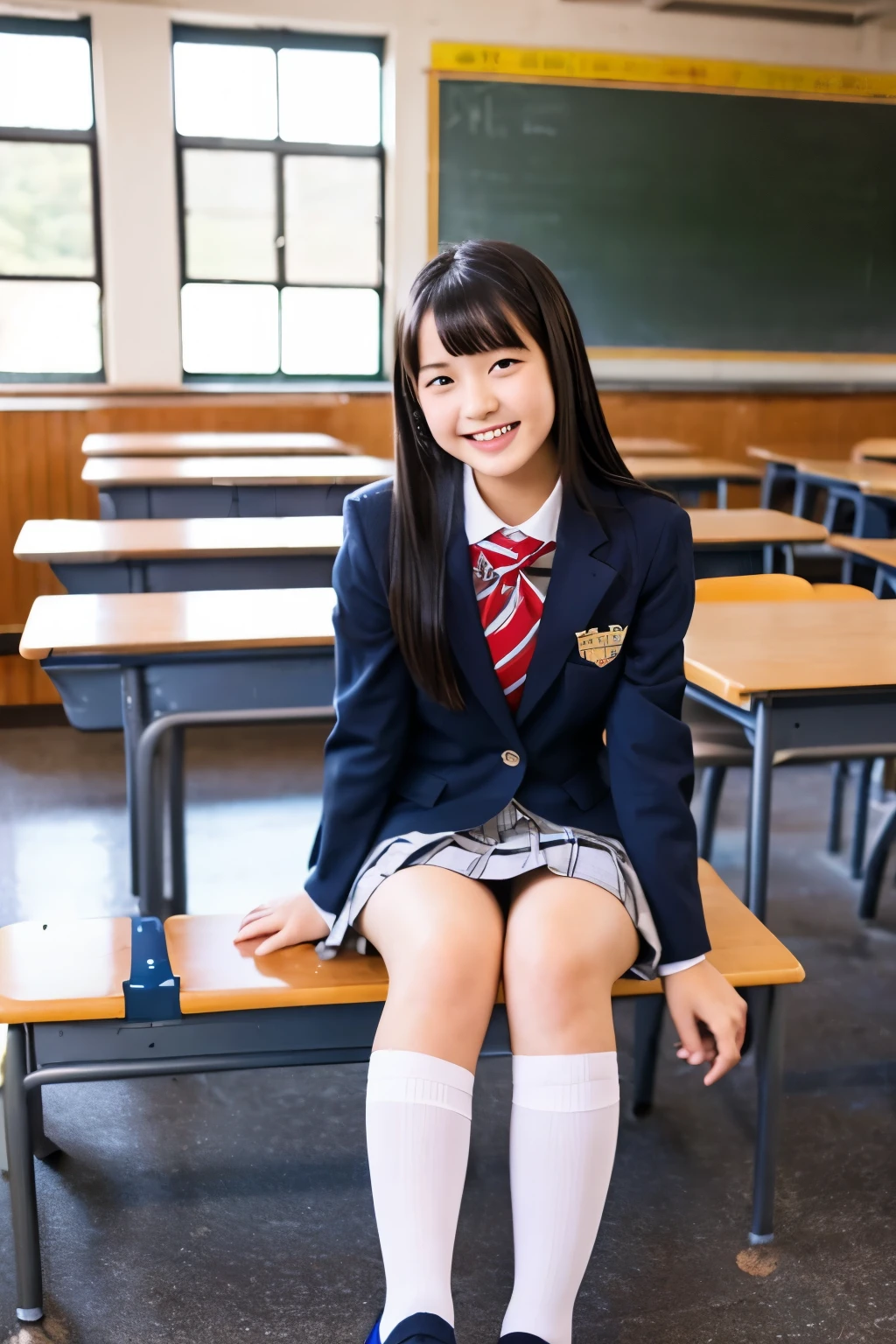 high school girl、blazer、skirt、classroom、sit、Thighs、Knee-high socks、loafers、Long Black Hair、smile