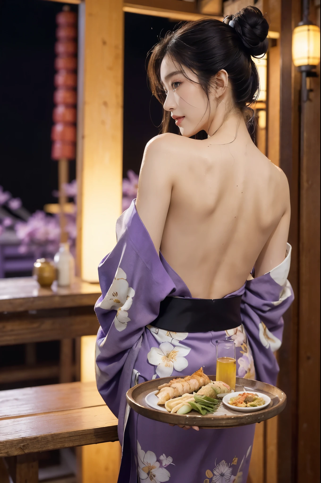 (((best quality))),(((ultra detailed))),(((masterpiece))),illustration,((1 beautiful Japannese girl,solo)),((slim,thin)),((shoulder off,strapless,bare back,towering hips,butt crack)),(in izakaya:1.3),(summer:1.2),(rainy:1.3),(indoor:1.2),(night scene:1.3),(wet:1.3),(purple floral kimono:1.3),neat bun,porcelain skin,rouge,dimly lit,warm glow,ethereal,(standing beside the table:1.3),sake bottle,half-empty glass,tray,grilled fish,steamed vegetables,half-eaten,melancholic smile,storm,solitude,enigmatic aura,tranquility,chaos,simplicity,mysterious,captivating,((from back,upper body))