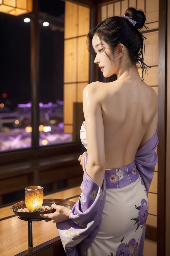 (((best quality))),(((ultra detailed))),(((masterpiece))),illustration,((1 beautiful Japannese girl,solo)),((slim,thin)),((shoulder off,strapless,bare back,towering hips,butt crack)),(in izakaya:1.3),(summer:1.2),(rainy:1.3),(indoor:1.2),(night scene:1.3),(wet:1.3),(purple floral kimono:1.3),neat bun,porcelain skin,rouge,dimly lit,warm glow,ethereal,(standing beside the table:1.3),sake bottle,half-empty glass,tray,grilled fish,steamed vegetables,half-eaten,melancholic smile,storm,solitude,enigmatic aura,tranquility,chaos,simplicity,mysterious,captivating,((from back,upper body))