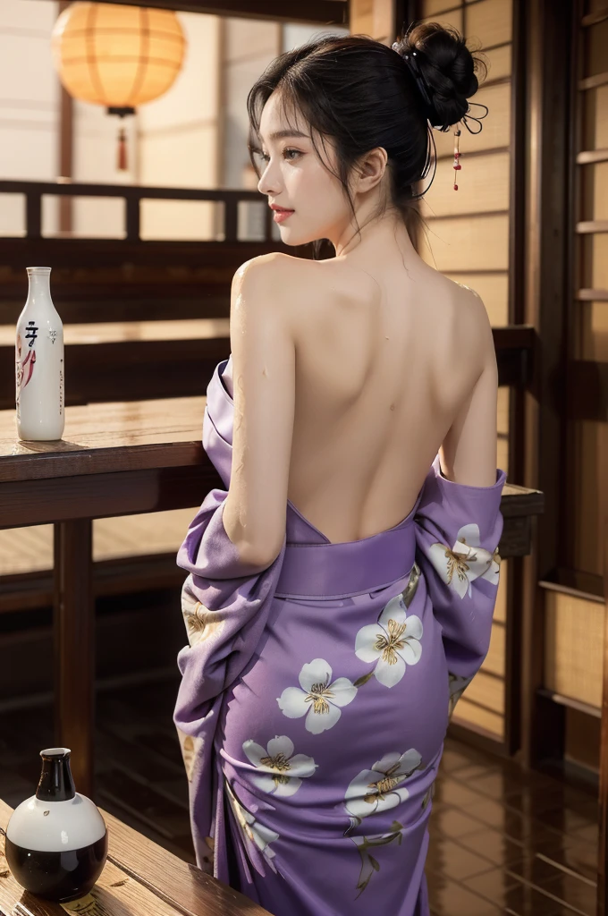 (((best quality))),(((ultra detailed))),(((masterpiece))),illustration,((1 beautiful Japannese girl,solo)),((slim,thin)),((shoulder off,strapless,bare back,towering hips,butt crack)),(in izakaya:1.3),(summer:1.2),(rainy:1.3),(indoor:1.2),(night scene:1.3),(wet:1.3),(purple floral kimono:1.3),neat bun,porcelain skin,rouge,dimly lit,warm glow,ethereal,(standing beside the table:1.3),sake bottle,half-empty glass,tray,grilled fish,steamed vegetables,half-eaten,melancholic smile,storm,solitude,enigmatic aura,tranquility,chaos,simplicity,mysterious,captivating,((from back,upper body))